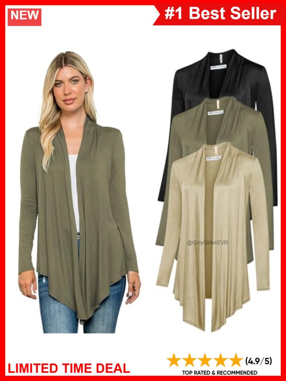 3 Pack Long Sleeve Open Front Drape Cardigan Lightweight Knit Shrug Cover Up